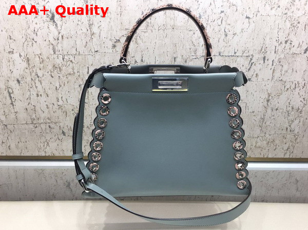 Fendi Peekaboo Regular Handbag in Light Blue Calf Leather with Python Handle and Grommets Replica