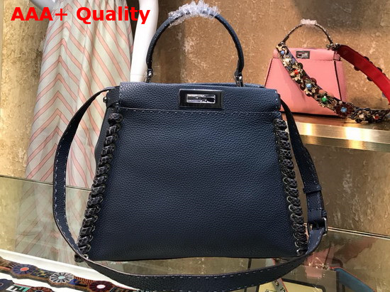 Fendi Peekaboo Regular Handbag in Light Blue Roman Leather with Hand Sewn Stitches and Elaphe Weave Along The Edges Replica