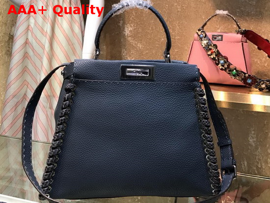 Fendi Peekaboo Regular Handbag in Light Blue Roman Leather with Hand Sewn Stitches and Elaphe Weave Along The Edges Replica