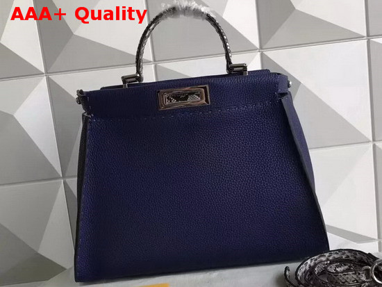 Fendi Peekaboo Regular Handbag in Navy Blue Grained Calfskin and Snakeskin Replica