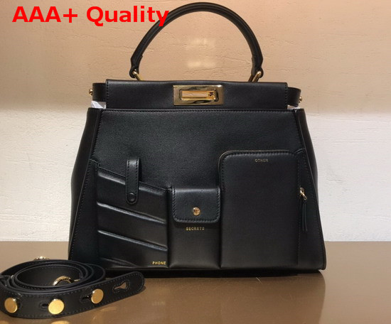 Fendi Peekaboo Regular Pocket Handbag in Black Calf Leather Replica