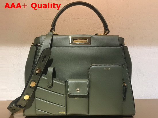 Fendi Peekaboo Regular Pocket Handbag in Green Calf Leather Replica