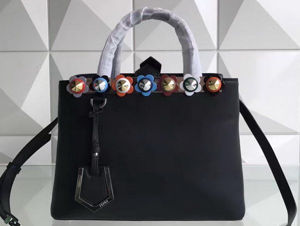 Fendi Petite 2Jours Shopper Bag in Black Leather with Flowers For Sale