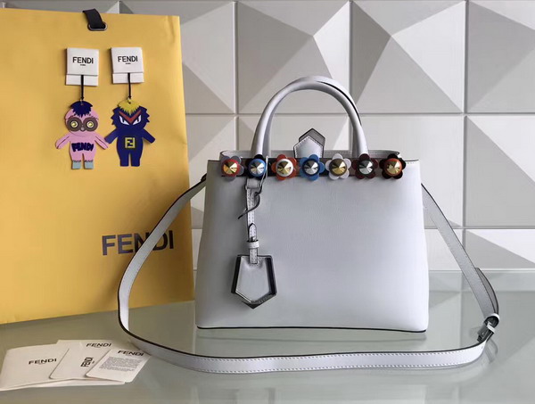 Fendi Petite 2Jours Shopper Bag in White Leather with Flowers For Sale