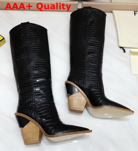 Fendi Pointed Toe Cowboy Boots Black Crocodile Embossed Leather Replica