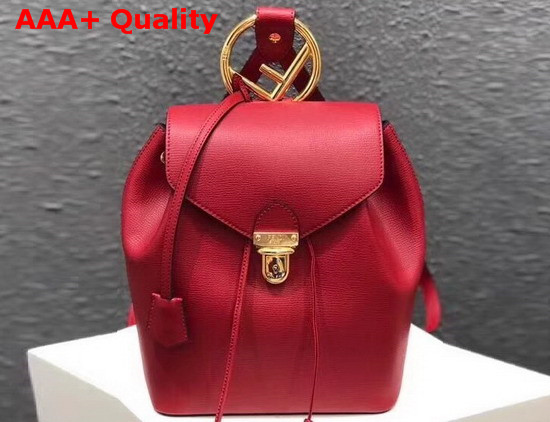 Fendi Red Leather Backpack with Metal Handle Shaped Like The New Fendi Logo Replica