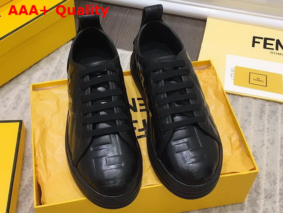 Fendi Rise Black Leather Flatform Sneakers with All Over Embossed FF Motif Replica