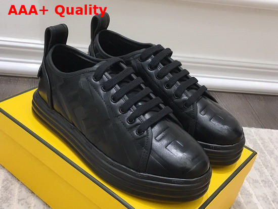 Fendi Rise Black Leather Flatform Sneakers with All Over Embossed FF Motif Replica