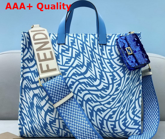 Fendi Shopper Bag Made of Glazed Canvas with Blue and White FF Vertigo Graphic Print Replica