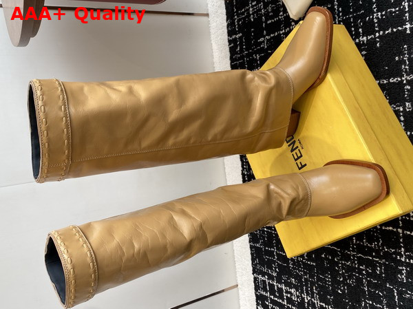 Fendi Show Beige Leather High Heeled Boots Crinkled Calfskin Replica