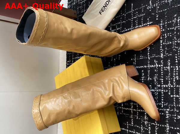 Fendi Show Beige Leather High Heeled Boots Crinkled Calfskin Replica