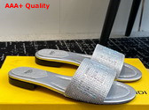 Fendi Signature Silver Colored Leather Slides All Over Silver Rhinestone Embroidery Replica