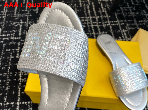 Fendi Signature Silver Colored Leather Slides All Over Silver Rhinestone Embroidery Replica