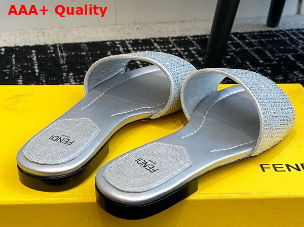 Fendi Signature Silver Colored Leather Slides All Over Silver Rhinestone Embroidery Replica
