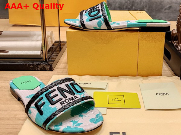 Fendi Signature Slides in Green Printed Denim Replica