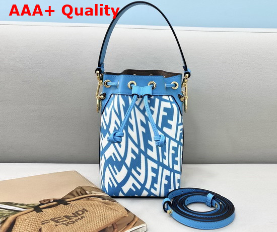 Fendi Small Mon Tresor Bucket Bag Made of Glazed Canvas with Blue and White FF Vertigo Graphic Print Replica