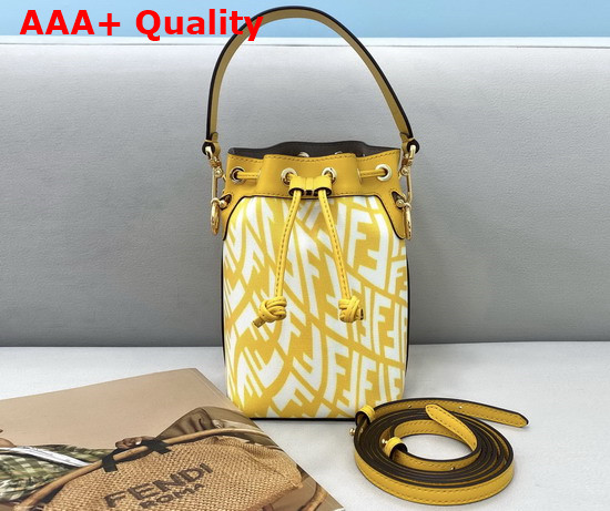 Fendi Small Mon Tresor Bucket Bag Made of Glazed Canvas with Yellow and White FF Vertigo Graphic Print Replica