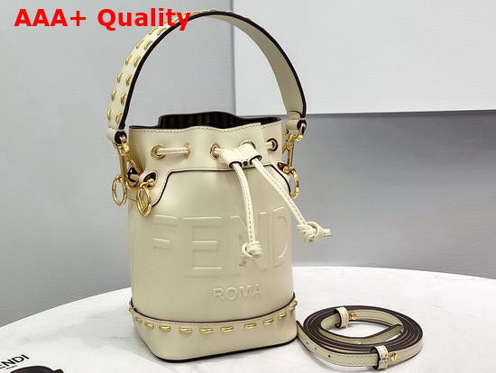 Fendi Small Mon Tresor Bucket Bag in Parchment Colored Leather with Metal Stitch and Embossed FENDI ROMA Lettering Replica