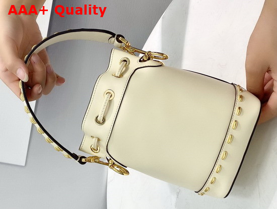 Fendi Small Mon Tresor Bucket Bag in Parchment Colored Leather with Metal Stitch and Embossed FENDI ROMA Lettering Replica