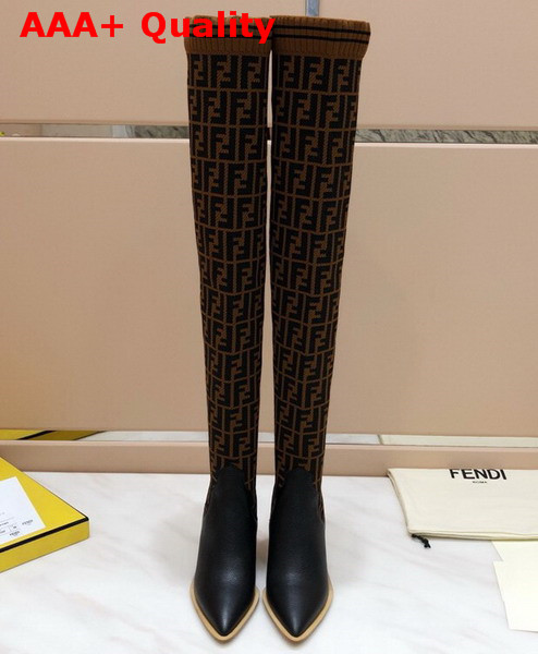 Fendi Stocking and Black Leather Thigh High Boots Brown Replica