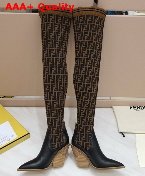 Fendi Stocking and Black Leather Thigh High Boots Brown Replica