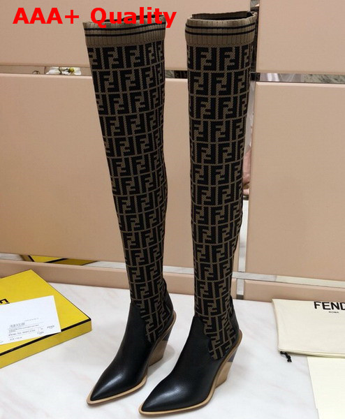 Fendi Stocking and Black Leather Thigh High Boots Kahki Replica