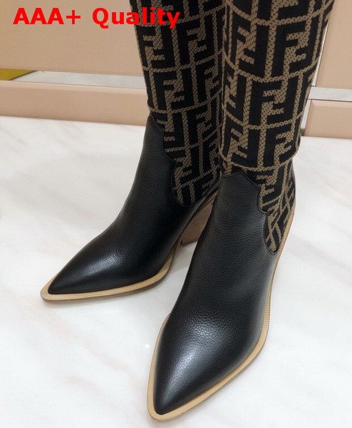 Fendi Stocking and Black Leather Thigh High Boots Kahki Replica