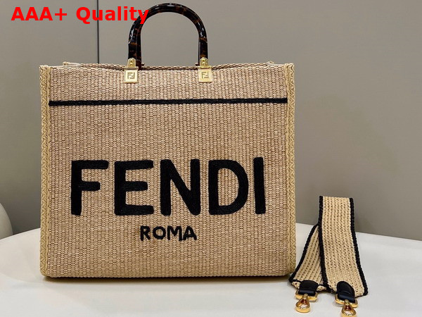 Fendi Sunshine Medium Beige and Black Straw Shopper Replica