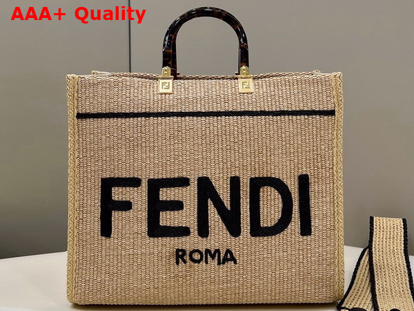 Fendi Sunshine Medium Beige and Black Straw Shopper Replica