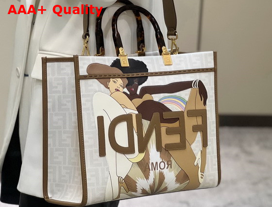 Fendi Sunshine Medium FF White Glazed Fabric Shopper with Inlay Replica