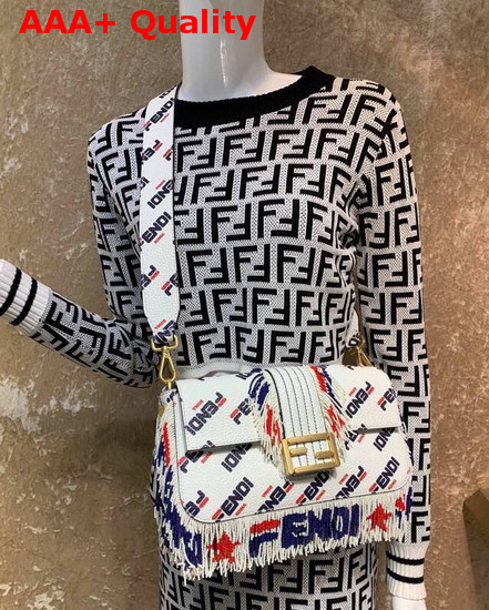 Fendi Tassel Baguette Bag in White Calf Leather with All Over Printed Fendi Logo Replica