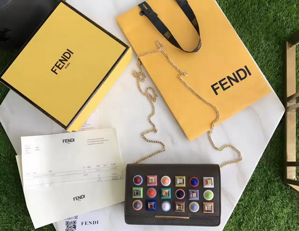 Fendi Wallet On Chain in Coal Coloured Leather with Multicoloured Studs For Sale