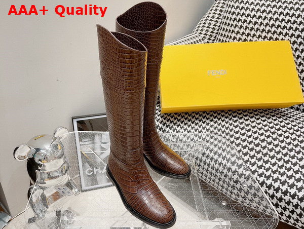 Fendi Women Boots in Brown Crocodile Embossed Calfskin Replica