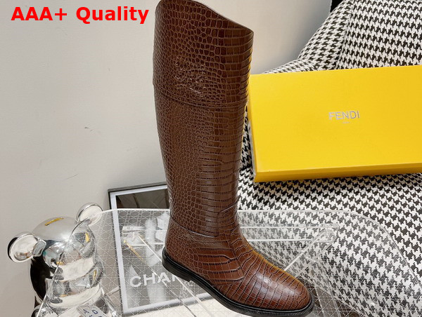 Fendi Women Boots in Brown Crocodile Embossed Calfskin Replica