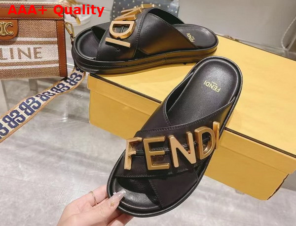 Fendigraphy Black Leather Slides Replica