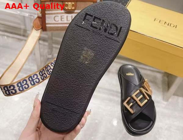 Fendigraphy Black Leather Slides Replica