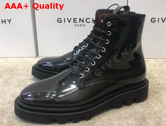 Givenchy Combat Boots Shoes in Shiny Black Leather with Givenchy Print Replica