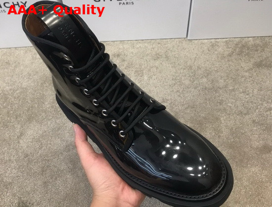 Givenchy Combat Boots Shoes in Shiny Black Leather with Givenchy Print Replica