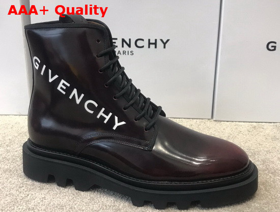 Givenchy Combat Boots Shoes in Shiny Brown Leather with Givenchy Print Replica