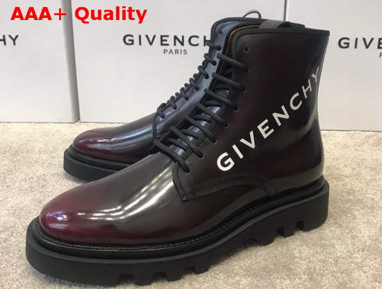 Givenchy Combat Boots Shoes in Shiny Brown Leather with Givenchy Print Replica