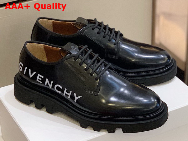 Givenchy Combat Derby Shoes in Black Brushed Leather with Givenchy Print Replica