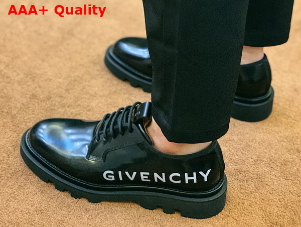 Givenchy Combat Derby Shoes in Black Brushed Leather with Givenchy Print Replica