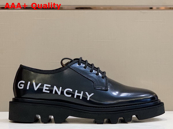 Givenchy Combat Derby Shoes in Black Brushed Leather with Givenchy Print Replica
