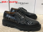 Givenchy Combat Derby Shoes in Shiny Black Leather with Givenchy Print Replica
