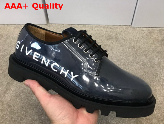 Givenchy Combat Derby Shoes in Shiny Blue Leather with Givenchy Print Replica