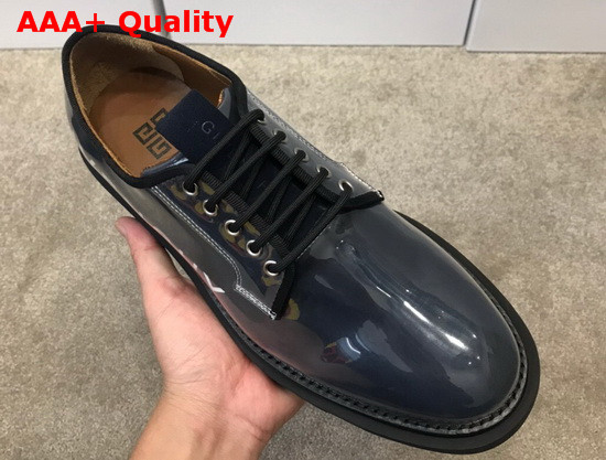 Givenchy Combat Derby Shoes in Shiny Blue Leather with Givenchy Print Replica