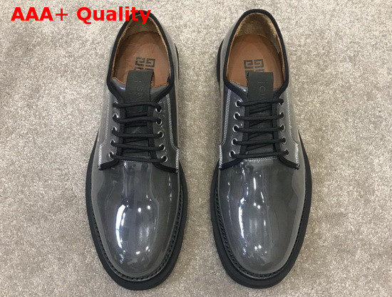 Givenchy Combat Derby Shoes in Shiny Grey Leather with Givenchy Print Replica