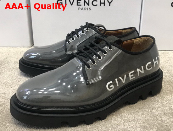 Givenchy Combat Derby Shoes in Shiny Grey Leather with Givenchy Print Replica