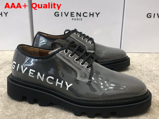 Givenchy Combat Derby Shoes in Shiny Grey Leather with Givenchy Print Replica