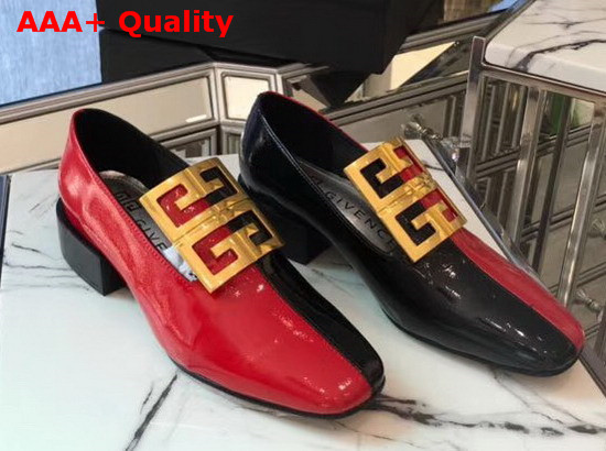Givenchy Two Tone 4G Loafers in Red and Black Grained Leather with Gold Metal 4G Emblem Replica